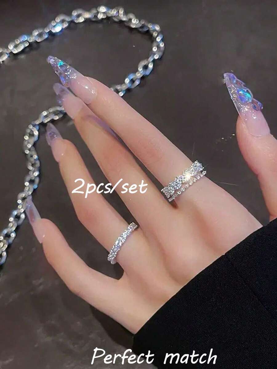 Women'S Accessories Rings - 2pcs Luxury Y2K Style Copper Zirconia