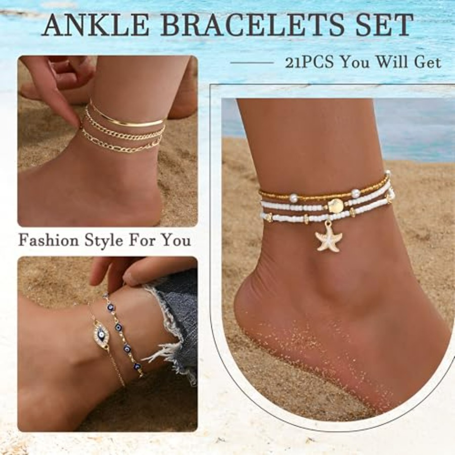 21PCS Ankle Bracelets for Wome - Beaded Anklet Chain recensione e prezzo